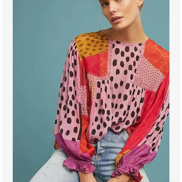 Anthropologie Black/ Pink Long Sleeve swing Blouse - Picture 1 of 6